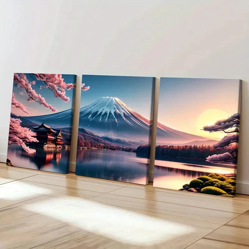 3pcs Mount Fuji and Sakura Lake Modern Wall Art Set Canvas Framed 60x90cm - High Quality Print 100% Australian Made Wall Canvas Ready to Hang