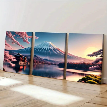 3pcs Mount Fuji and Sakura Lake Modern Wall Art Set Canvas Framed 60x90cm - High Quality Print 100% Australian Made Wall Canvas Ready to Hang
