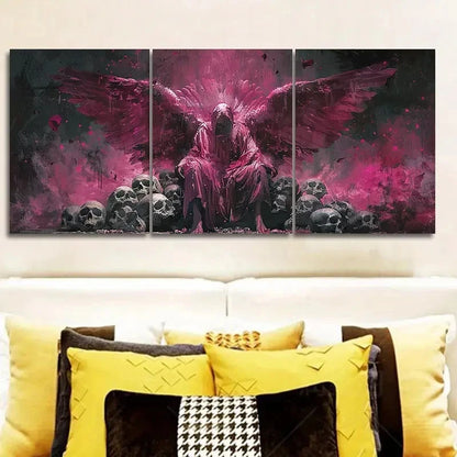 3pcs Angel Falling into BonesPink Wings and Skulls Metal Print Ready to Hang Art