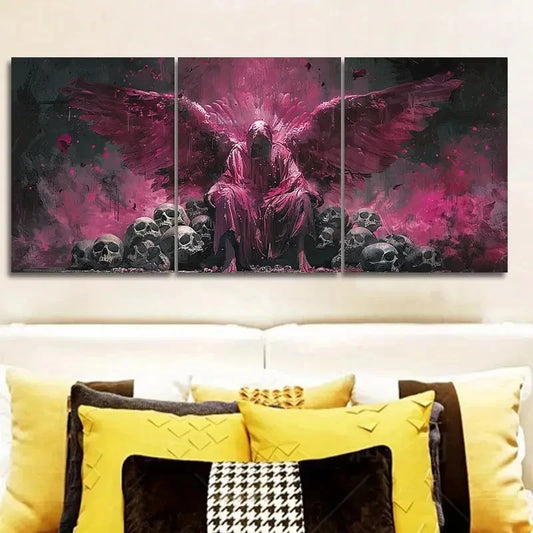 3pcs Angel Falling into BonesPink Wings and Skulls Metal Print Ready to Hang Art