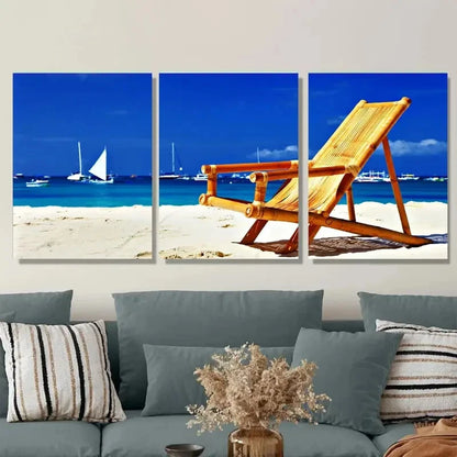 3pcs Beach Scene Lounge Chair & Sailboats Metal Print Ready to Hang Art