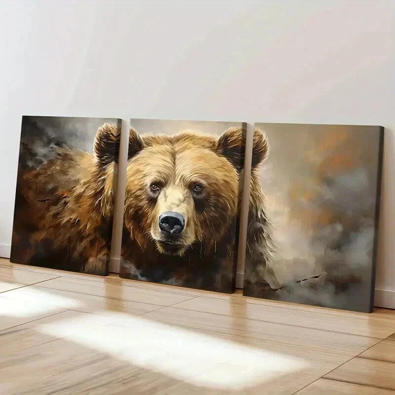 3pcs Grizzly Bears Rural Aesthetic Wall Art Set Canvas Framed 40x60cm - High Quality Print 100% Australian Made Wall Canvas Ready to Hang