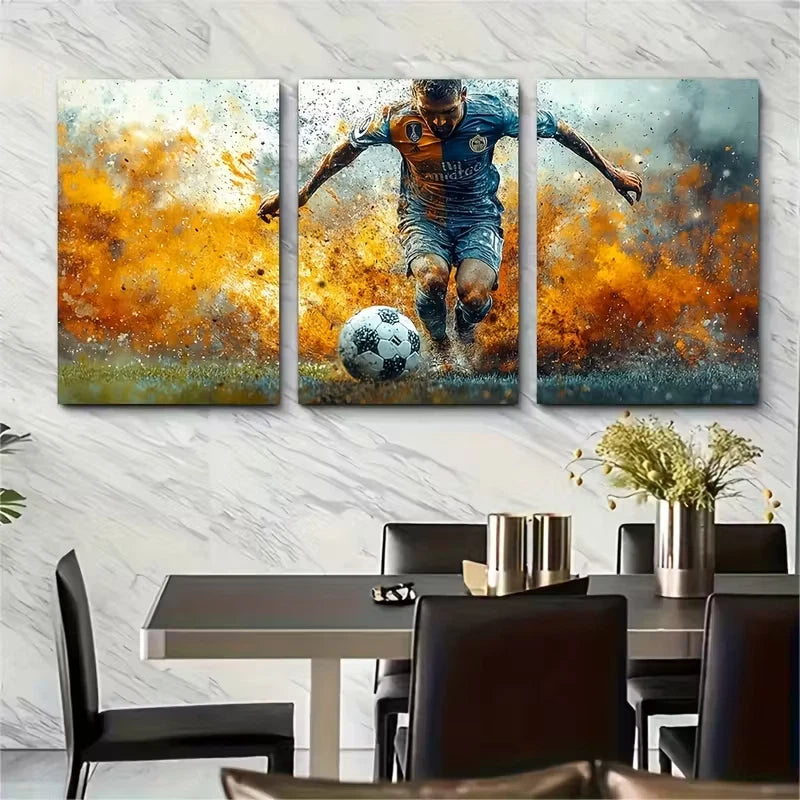 3pcs Abstract Soccer Player Grunge Metal Print Ready to Hang Art