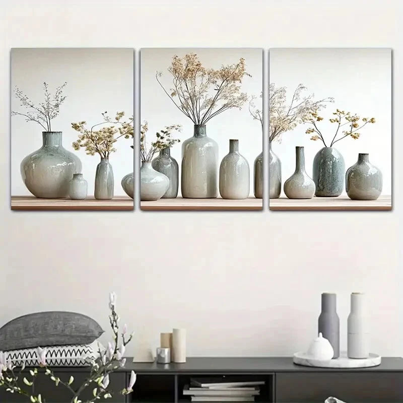 3pcs Nordic Style Ceramic Vase Metal Print Ready to Hang Art