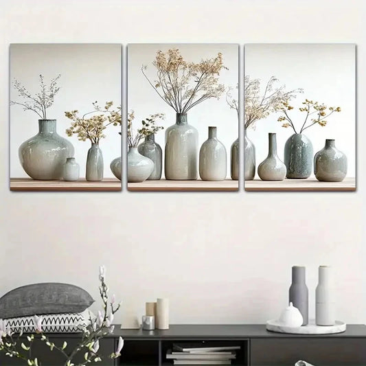 3pcs Nordic Style Ceramic Vase Metal Print Ready to Hang Art