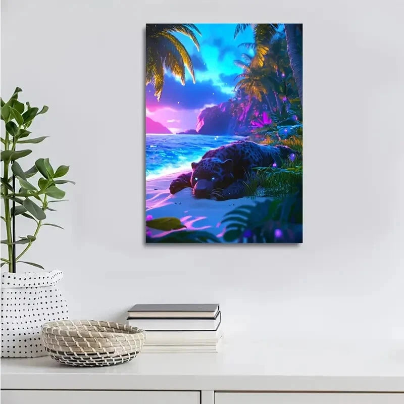 Panther Rolling on Grass & Sandy Beach Painting 40x60cm Metal Print Ready to Hang