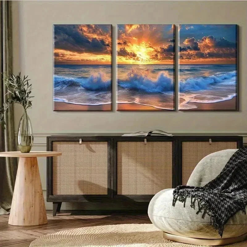 3pcs Ocean Sunset Vibrant Beach Scene Wall Art Set Canvas Framed 50x70cm - High Quality Print 100% Australian Made Wall Canvas Ready to Hang