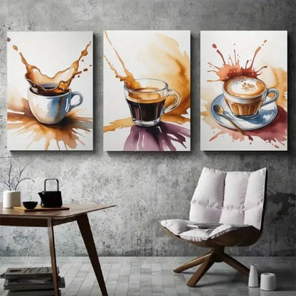 3pcs Coffee Cups Espresso Latte Art Painting Metal Print Ready to Hang Art
