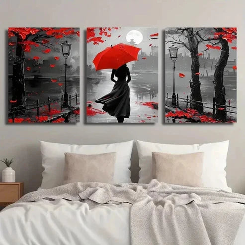 3pcs Black & White Girl with Red Umbrella Wall Art Set Canvas Unframed - High Quality Print 100% Australian Made Wall Canvas