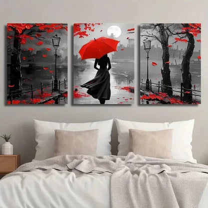 3pcs Black & White Girl with Red Umbrella Wall Art Set Canvas Unframed - High Quality Print 100% Australian Made Wall Canvas