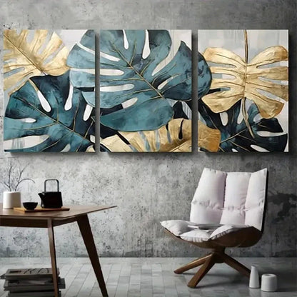 3pcs Tropical Monstera Leaves Teal & GoldenMetal Print Ready to Hang Art