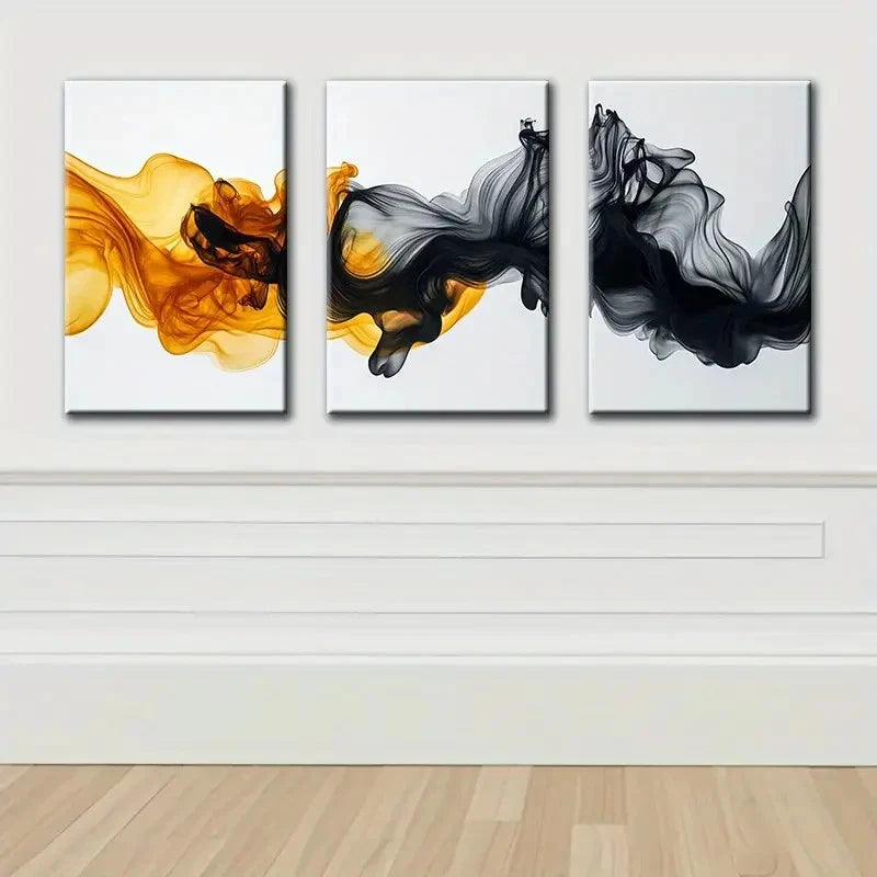 3pcs Yellow And Black Liquid Pattern Wall Art Set Canvas Framed 60x90cm - High Quality Print 100% Australian Made Wall Canvas Ready to Hang