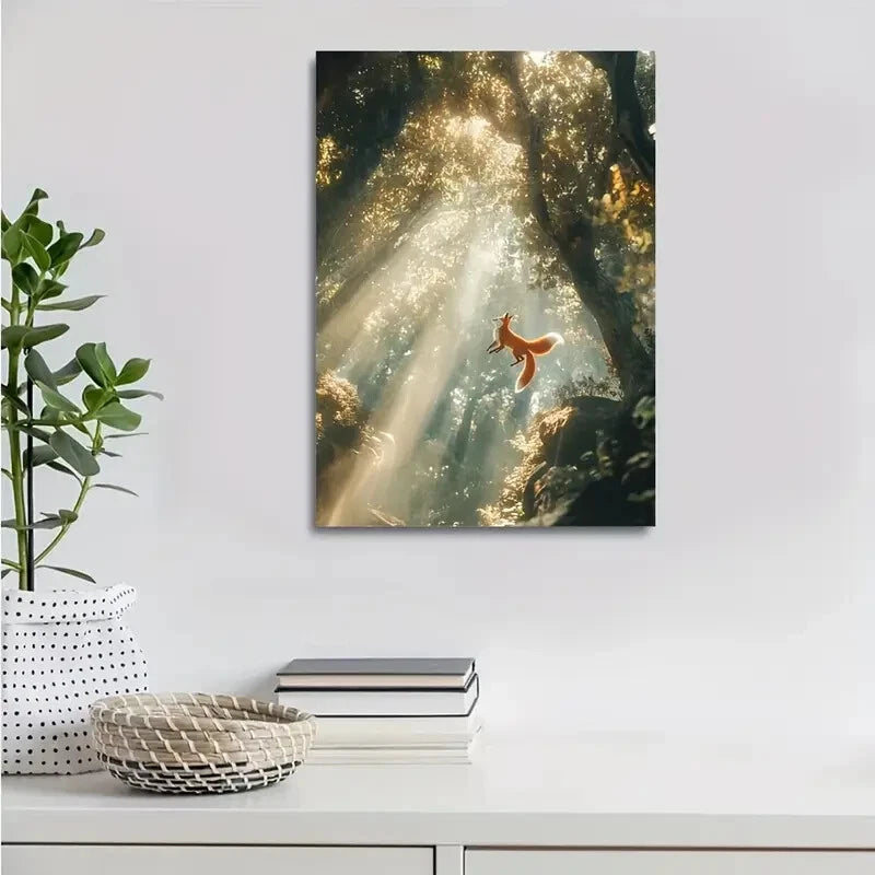 Beautiful Fox Swinging in Magical Forest with Sunbeams 40x60cm Metal Print Ready to Hang