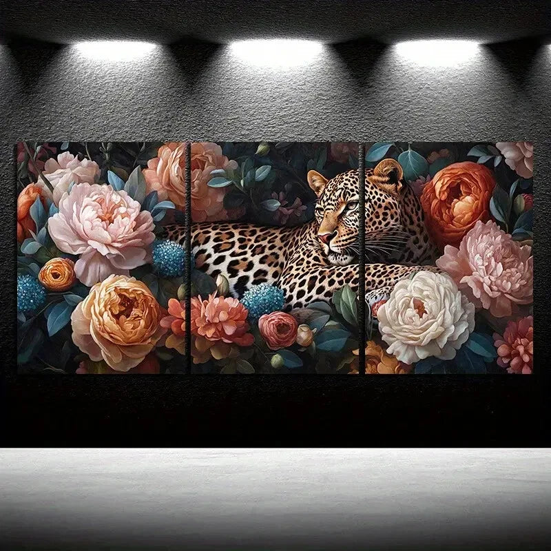 3pcs Leopards in The Flowers Roses Metal Print Ready to Hang Art