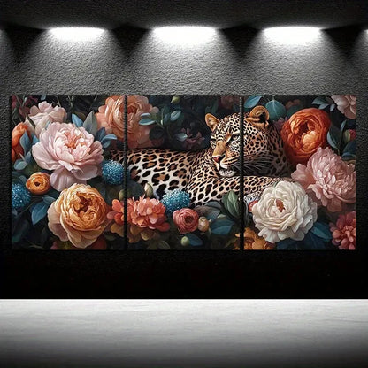 3pcs Leopards in The Flowers Roses Metal Print Ready to Hang Art