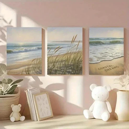 3pcs Beach Waves & Pampas Grass Wall Art Set Canvas Unframed - High Quality Print 100% Australian Made Wall Canvas