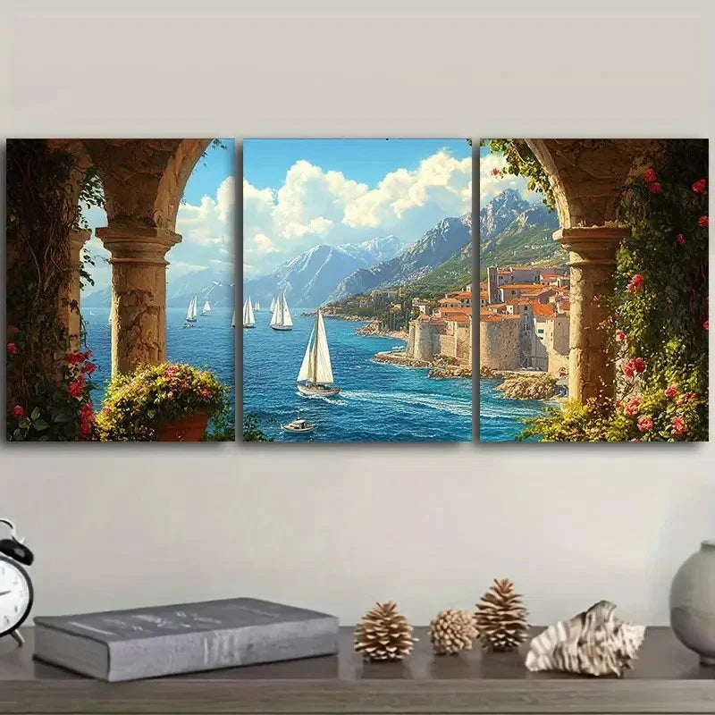 3pcs Mediterranean Coastal View From The Arches Wall Art Set Canvas Framed 40x60cm - High Quality Print 100% Australian Made Wall Canvas Ready to Hang