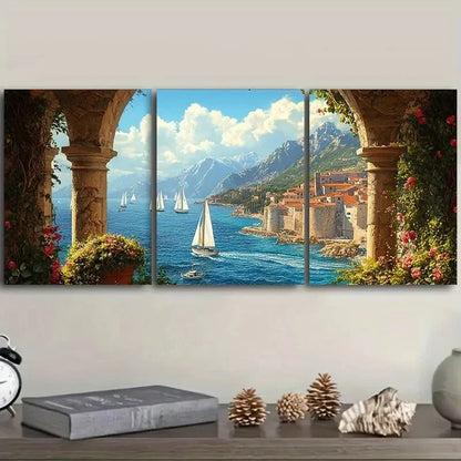 3pcs Mediterranean Coastal View From The Arches Wall Art Set Canvas Framed 40x60cm - High Quality Print 100% Australian Made Wall Canvas Ready to Hang