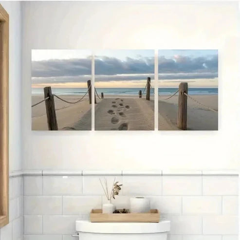 3pcs Sandy Beach, Ocean Waves Wall Art Canvas Unframed - High Quality Print 100% Australian Made Wall Canvas