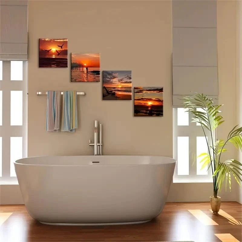 4pcs Black And Red Ocean Wall Art Beach PictureWall Art Canvas Framed