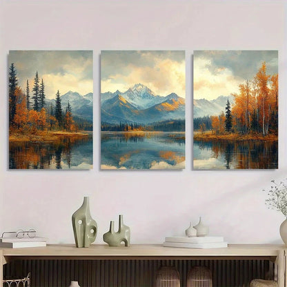 3pcs Snow Capped Mountains & Autumn Trees Metal Print Ready to Hang Art