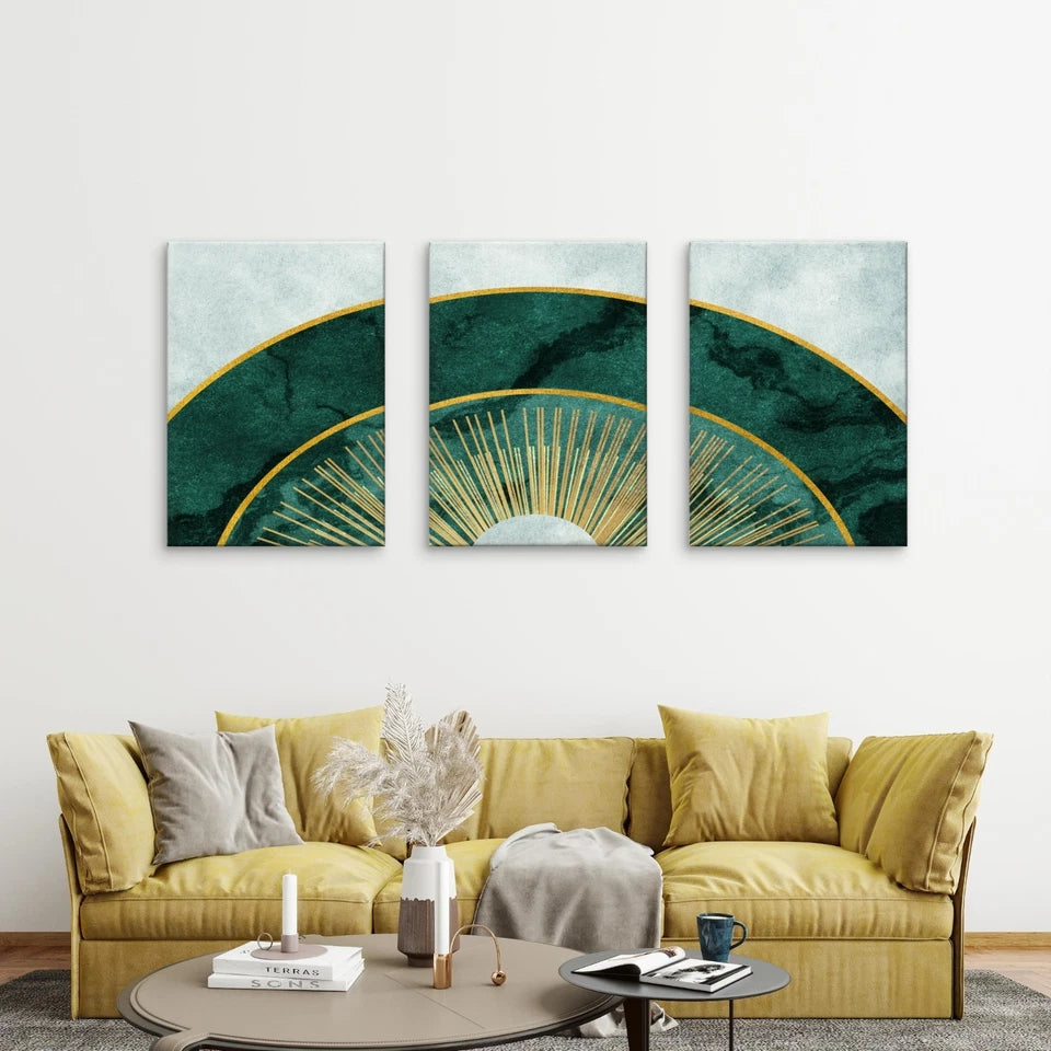 3pcs Emerald Green Marble and Gold Sun Wall Art Set Canvas Framed 40x60cm - High Quality Print 100% Australian Made Wall Canvas Ready to Hang