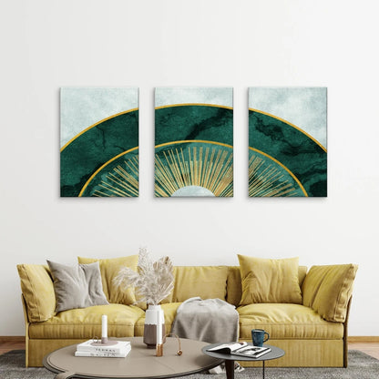 3pcs Emerald Green Marble and Gold Sun Wall Art Set Canvas Framed 40x60cm - High Quality Print 100% Australian Made Wall Canvas Ready to Hang