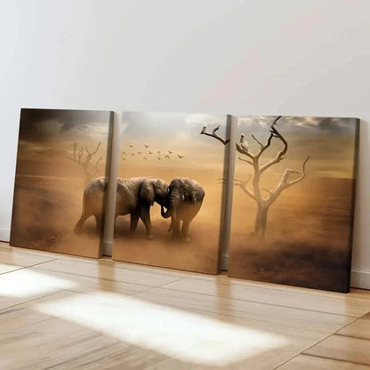 3pcs Elephants & Dead Trees Landscape Wall Art Set Canvas Framed 40x60cm - High Quality Print 100% Australian Made Wall Canvas Ready to Hang