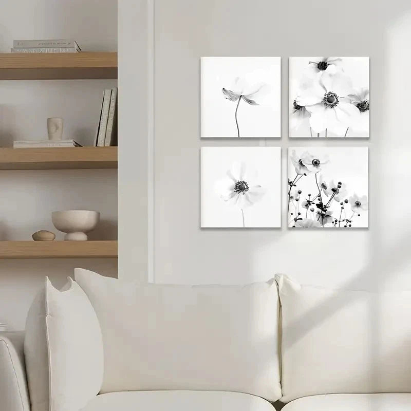 4pcs Black And White Square Wall Art | Botanical Wall Art Canvas Framed