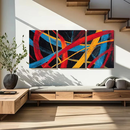 3pcs Abstract Red Blue Yellow Stripes Dynamic Wall Art Set Canvas Framed 50x70cm - High Quality Print 100% Australian Made Wall Canvas Ready to Hang