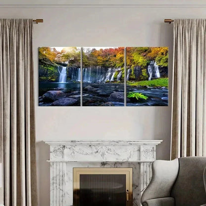 3pcs Vibrant Autumn Waterfall Landscape Wall Art Set Canvas Framed 40x60cm - High Quality Print 100% Australian Made Wall Canvas Ready to Hang