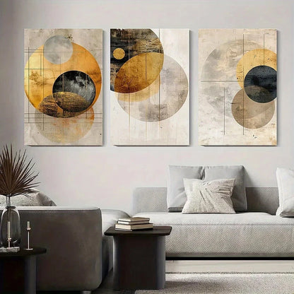 3pcs Abstract Geometric Golden and Black Round Metal Print Ready to Hang Art