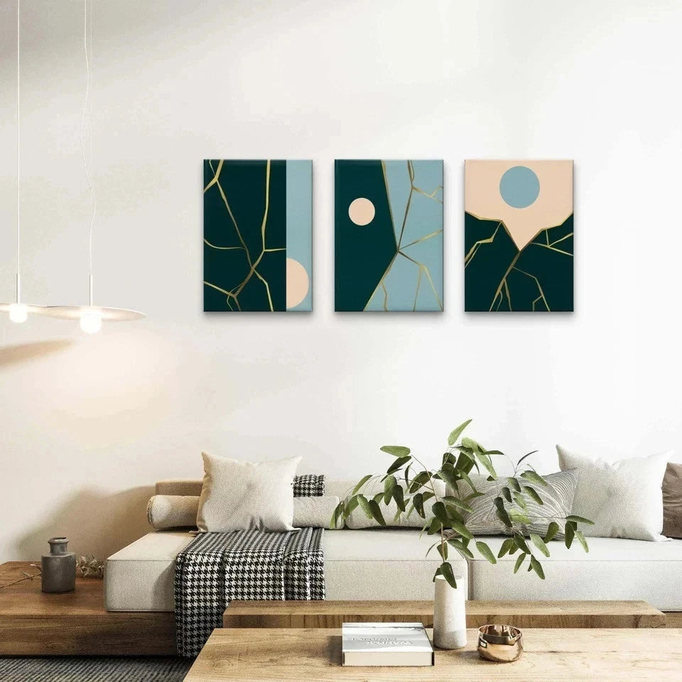 3pcs Japanese Art Inspired Gold and Colour Blue Wall Art Set Canvas Framed 60x90cm - High Quality Print 100% Australian Made Wall Canvas Ready to Hang
