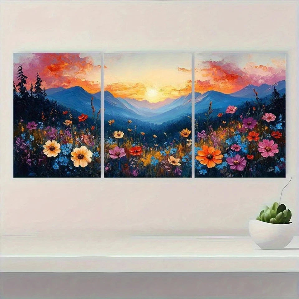 3pcs Romantic Wildflower Meadow Sunset Wall Art Set Canvas Framed 40x60cm - High Quality Print 100% Australian Made Wall Canvas Ready to Hang