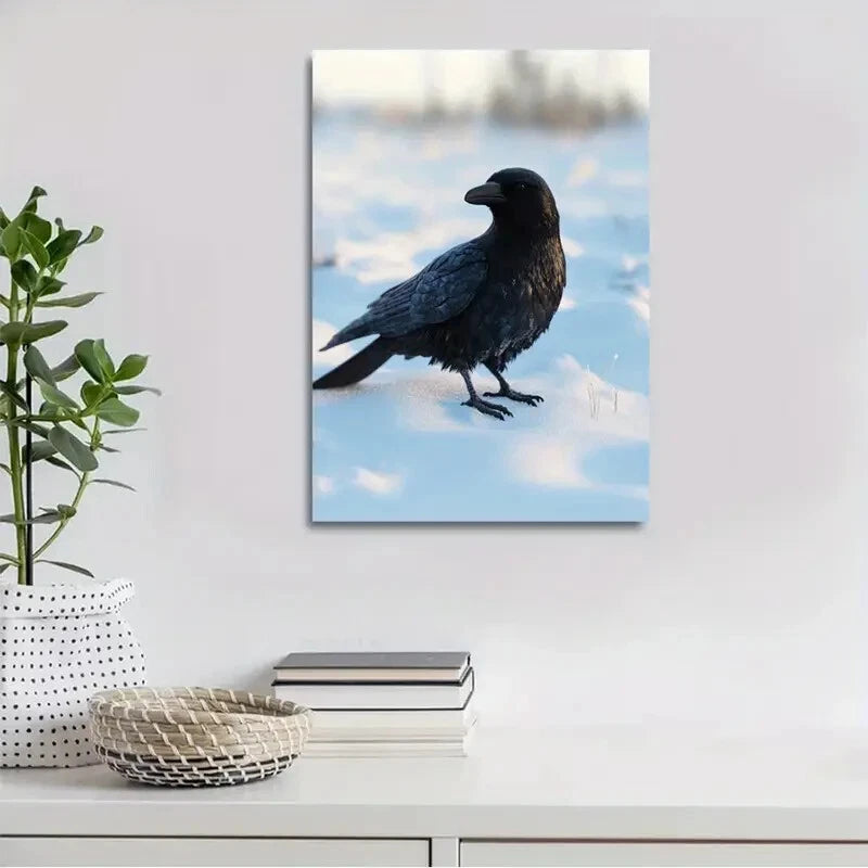 Medieval Style Crow on Snow Painting  40x60cm Metal Print Ready to Hang