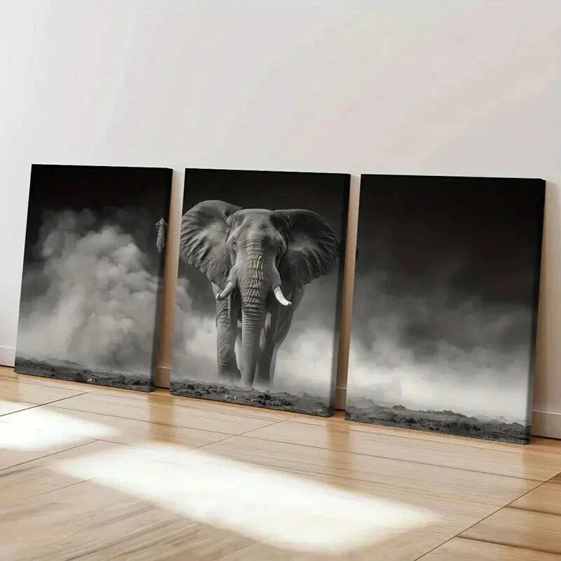 3pcs Majestic Elephant Stormy Sky Dramatic Wall Art Set Canvas Framed 40x60cm - High Quality Print 100% Australian Made Wall Canvas Ready to Hang