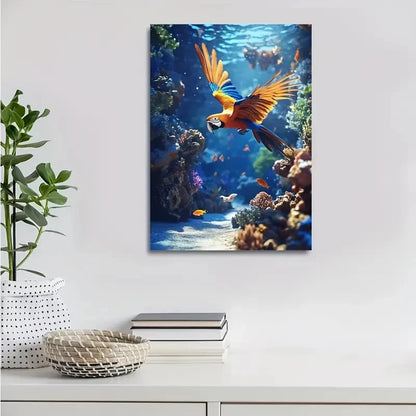 Beautiful Vibrant Parrot & Coral Reef Painting 40x60cm Metal Print Ready to Hang
