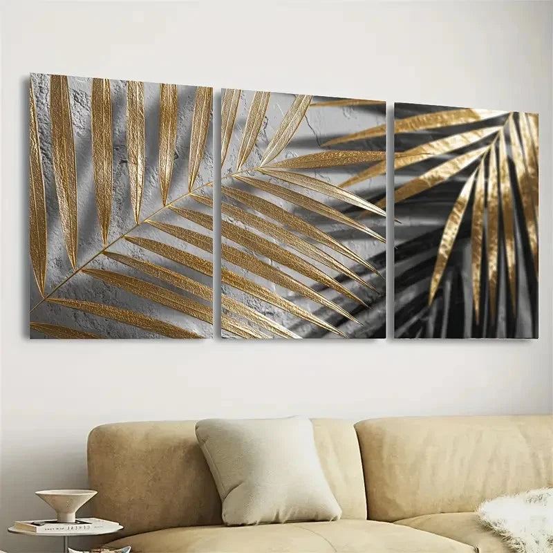 3pcs Golden Sun and Palm Leaf Tropical Wall Art Set Canvas Framed 50x70cm - High Quality Print 100% Australian Made Wall Canvas Ready to Hang