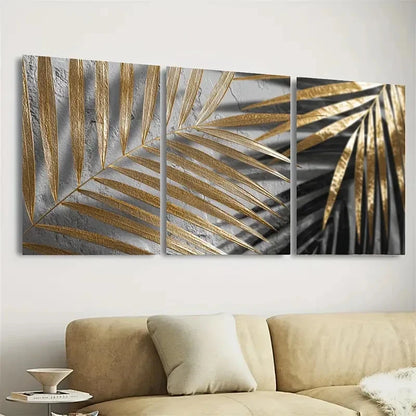 3pcs Golden Sun and Palm Leaf Tropical Wall Art Set Canvas Framed 50x70cm - High Quality Print 100% Australian Made Wall Canvas Ready to Hang