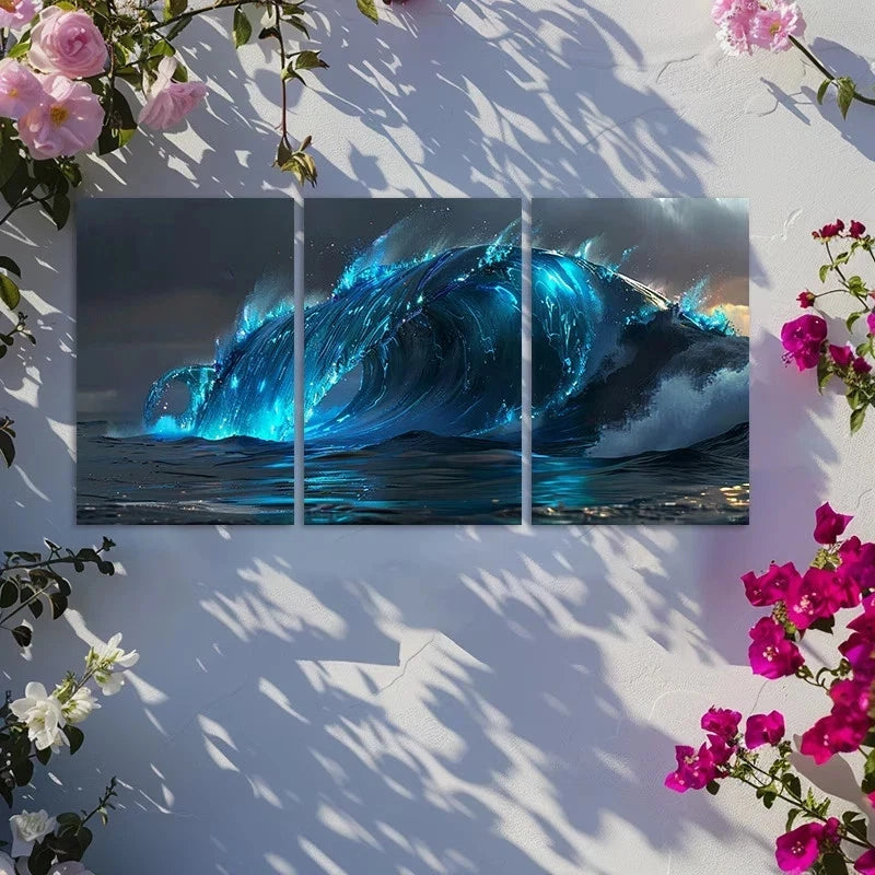 3pcs Bioluminescent Wave with Glowing Energy Metal Print Ready to Hang Art