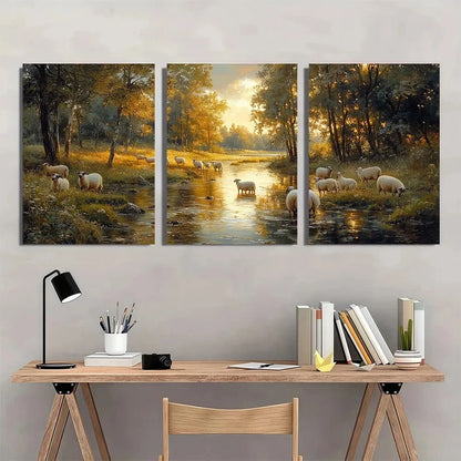 3pcs Serene Sheep and Tree River Metal Print Ready to Hang Art