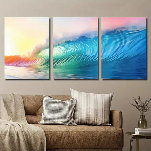3pcs Colorful Ocean Wave Beach Scenery Painting Wall Art Set Canvas Unframed - High Quality Print 100% Australian Made Wall Canvas