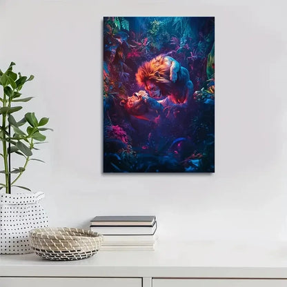Beautiful Vibrant Lion in Jungle Playful Painting 40x60cm Metal Print Ready to Hang