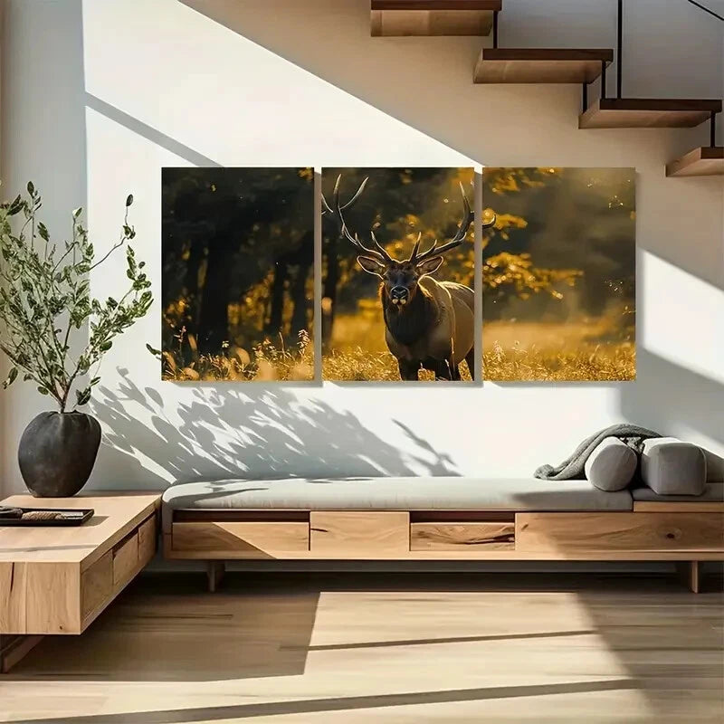 3pcs Majestic Elk in Sunlit Forest Wall Art Metal Print Ready to Hang Art