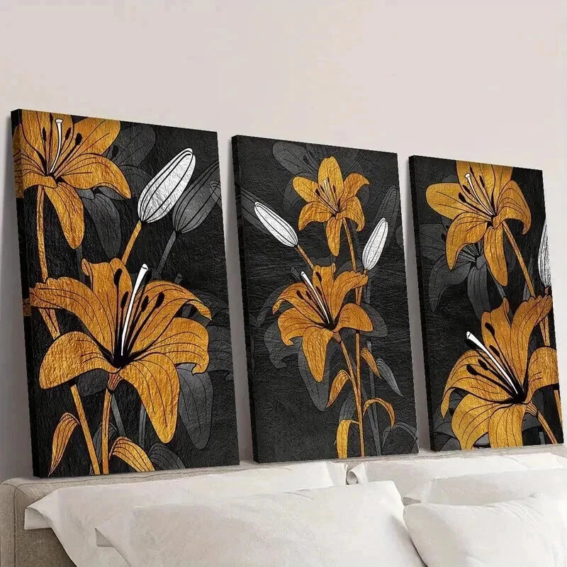 3pcs Modern Luxury Floral Golden Lily Wall Art Set Canvas Framed 40x60cm - High Quality Print 100% Australian Made Wall Canvas Ready to Hang