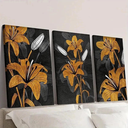 3pcs Modern Luxury Floral Golden Lily Wall Art Set Canvas Framed 40x60cm - High Quality Print 100% Australian Made Wall Canvas Ready to Hang