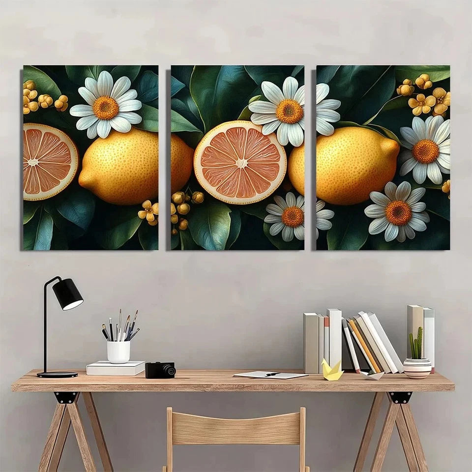 3pcs Vintage Lemons And Daisies Metal Print Ready to Hang Art