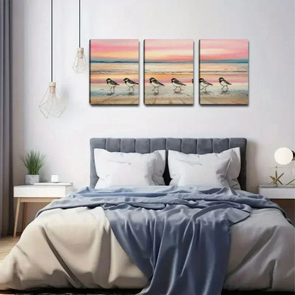 3pcs Coastal Bird Vibrant Orange Sand Beach Scene Metal Print Ready to Hang Art