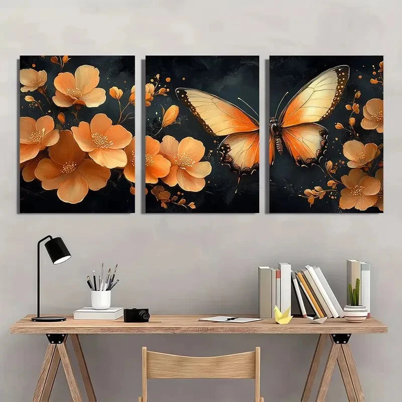 3pcs Modern Floral and Butterfly Metal Print Ready to Hang Art