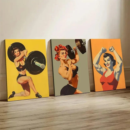 3pcs Vintage Gym Female Weightlifter Perfect Wall Art Set Canvas Framed 40x60cm - High Quality Print 100% Australian Made Wall Canvas Ready to Hang